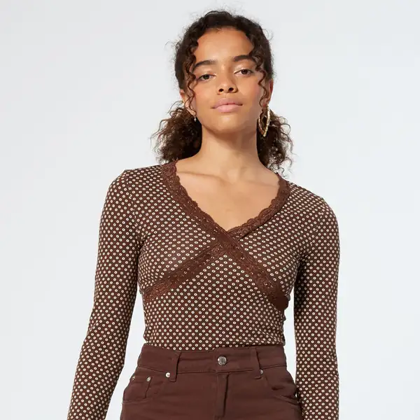 Floral And Lace T-Shirt, Brown, M