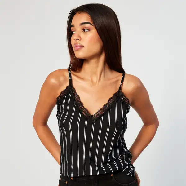 Striped Cami Top With Lace Detail, Black, XS
