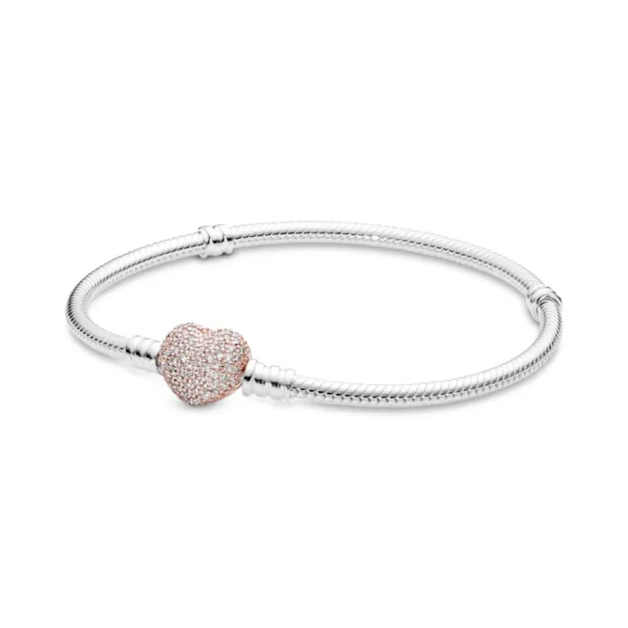 Bracelet in sterling silver with heart- shaped PANDORA Rose clasp with clear cub