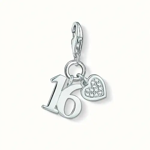 "Colgante Charm ""número de la suerte 16"", plata de ley 925/ circonita, blanco"