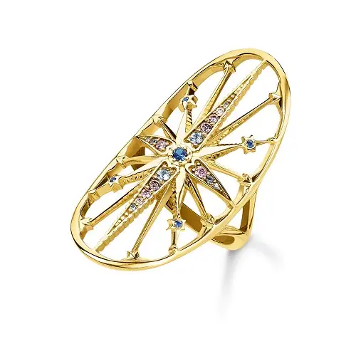 Ring, 925 Sterling silver, gold plated yellow gold, glass-ceramic stone, synthetic spinel, zirconia