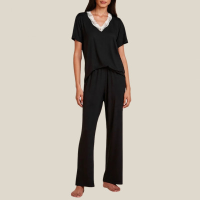 PIJAMA LONGO MANGA CURTA EM VISCOSE E RENDA MOON