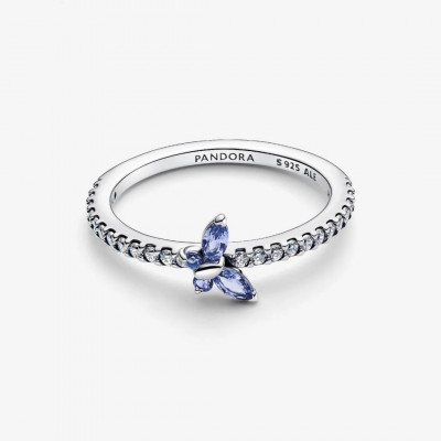 Butterfly sterling silver ring with cornflower blue crystal and clear cubic zirconia