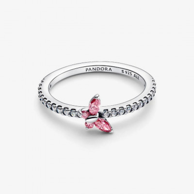 Butterfly sterling silver ring with fancy pink and clear cubic zirconia