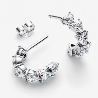 Hearts sterling silver hoop earrings with clear cubic zirconia