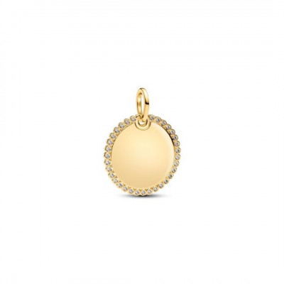 Engravable round 14k gold-plated dangle with clear cubic zirconia