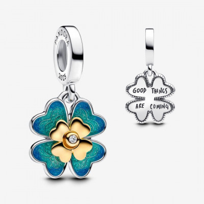 Spinnable clover sterling silver and 14k gold-plated dangle with lab-grown diamond and green enamel