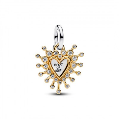 Heart sterling silver and 14k gold-plated double dangle with clear cubic zirconia