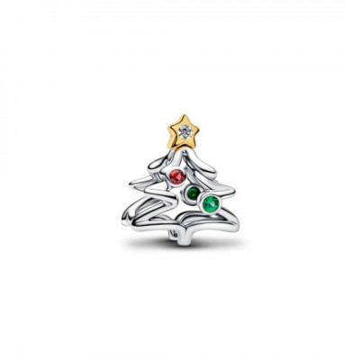 Christmas tree sterling silver and 14k gold-plated charm with clear cubic zirconia, salsa red and royal green crystal