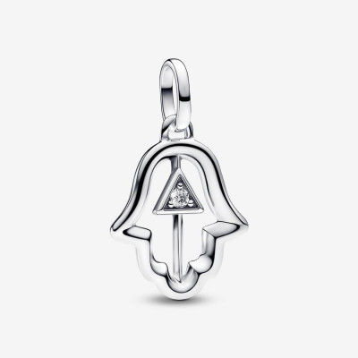 Hamsa hand sterling silver medallion with clear cubic zirconia