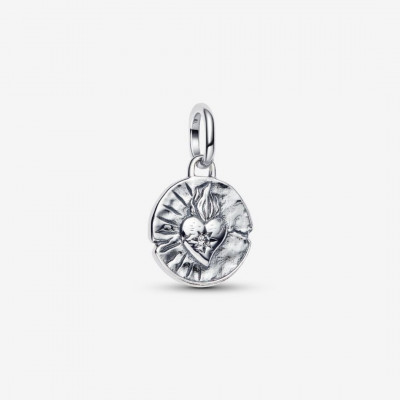 Heart coin sterling silver medallion with clear cubic zirconia