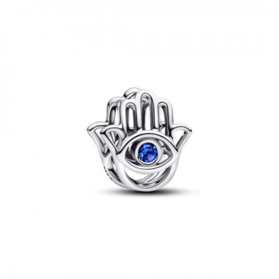 Hamsa hand sterling silver charm with stellar blue crystal
