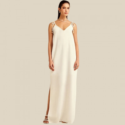 VESTIDO LONGO DECOTE V ALÇAS FINAS