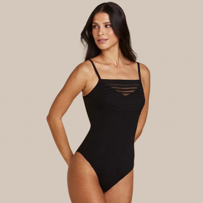 BODY ALÇAS FINAS EM MICROFIBRA E TULE LISTRADO